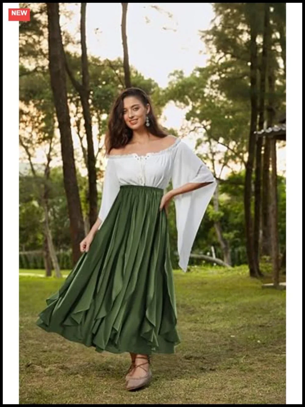 Women's Ruffle Maxi Skirt Renaissance Boho Long Flowy Elastic Waist